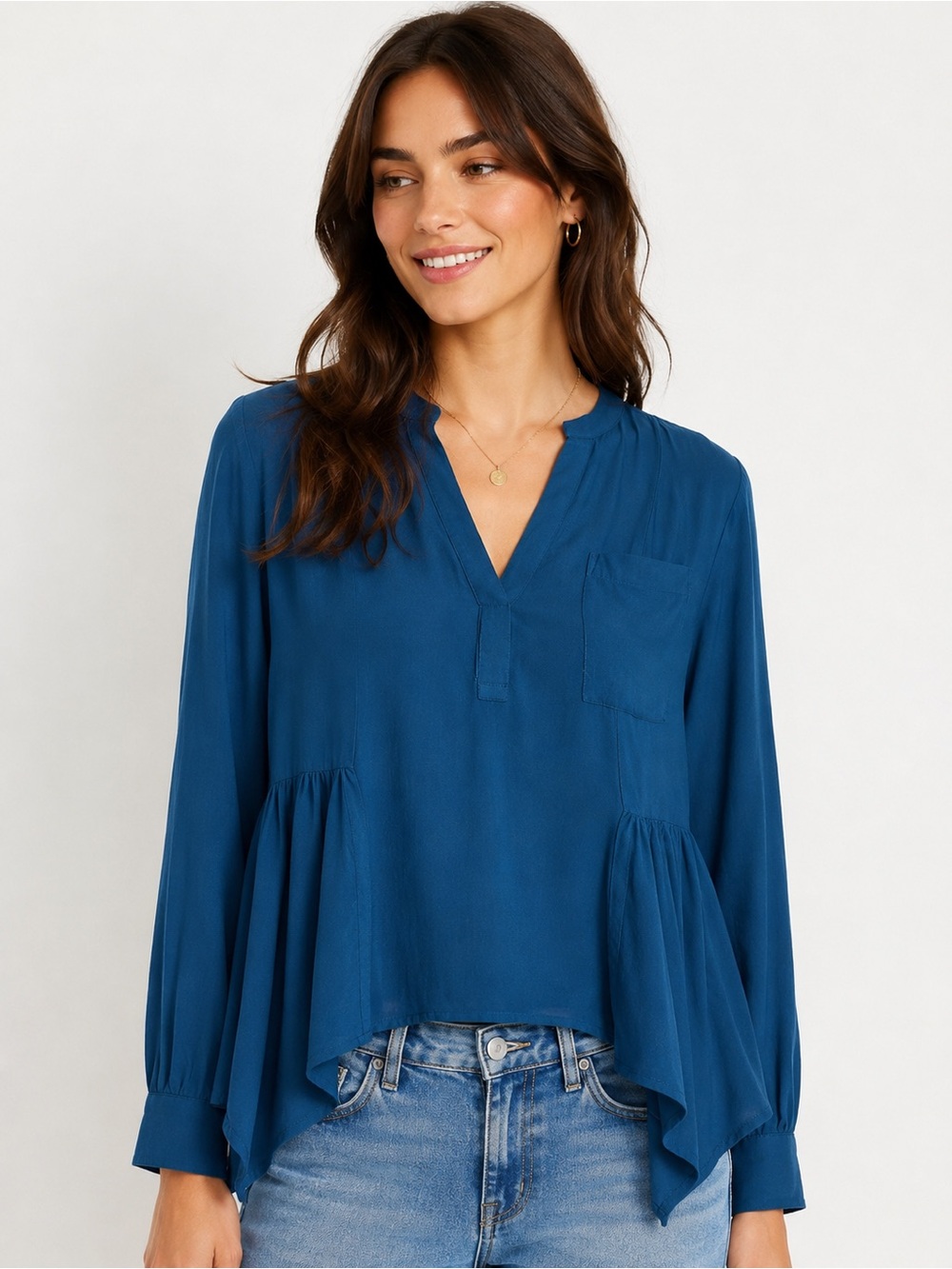 Anthropologie Maeve Laiken Henley Top Blue V-Neck Flowy Blouse Size 2